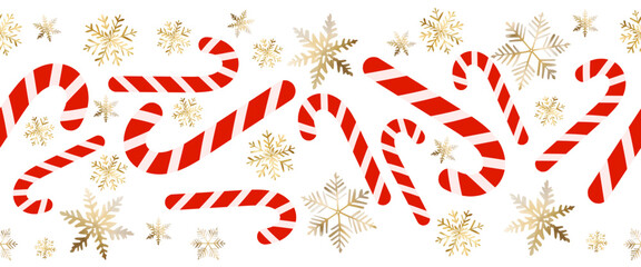 Winter christmas seamless border with candies and gold snowflakes