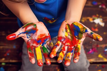 An image of a child with hands covered in vibrant paint colors, Mother and child creating a...