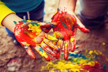 The image captures a childs hands playfully immersed in vibrant, splattered paint, Mother and child...