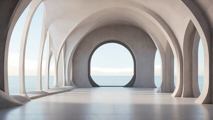 Fototapeta na wymiar Clean and simple 3D archways with a concrete texture creating a serene backdrop.