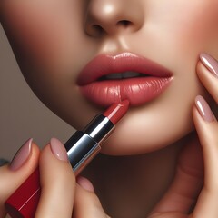 Close-Up Beauty Portrait of a Woman Applying Lipstick With Precise Application