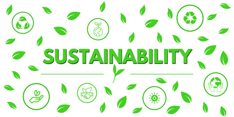Sustainability banner, sustainable icons with green leaf patterned background