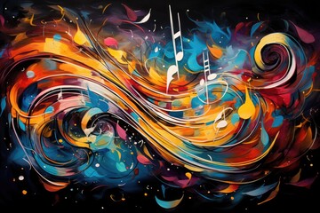 A vibrant painting showcasing various music notes on a sleek black background, Musical notes...