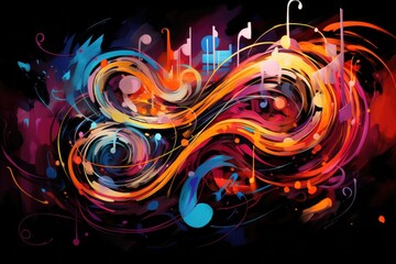 An image showcasing vibrant, colorful music notes on a black background, creating a captivating contrast of tones, Musical notes transforming into abstract, swirling colors, AI Generated - obrazy, fototapety, plakaty