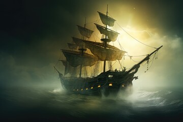 A magnificent pirate ship captures attention as it sails amidst the endless expanse of the sea,...