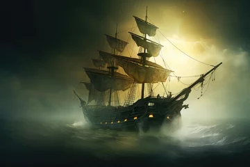 Stoff pro Meter A magnificent pirate ship captures attention as it sails amidst the endless expanse of the sea, Mysterious phantom ship floating through foggy seas, AI Generated © Iftikhar alam