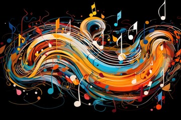 An image showcasing vibrant, colorful music notes and musical notes displayed on a sleek black...