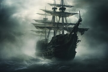 A pirate ship sails fearlessly in the middle of the vast ocean as wind and waves propel it forward, Mysterious phantom ship floating through foggy seas, AI Generated - obrazy, fototapety, plakaty