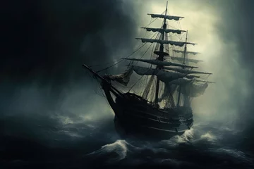 Foto op Plexiglas Schipbreuk A pirate ship struggles to survive as it navigates through a treacherous storm, Mysterious phantom ship floating through foggy seas, AI Generated