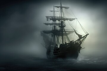 A pirate ship gracefully glides through a mysterious foggy ocean, Mysterious phantom ship floating through foggy seas, AI Generated