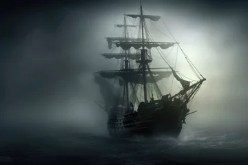  A pirate ship gracefully glides through a mysterious foggy ocean, Mysterious phantom ship floating through foggy seas, AI Generated © Iftikhar alam