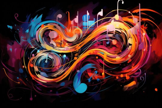 An image showcasing vibrant, colorful music notes on a black background, creating a captivating contrast of tones, Musical notes transforming into abstract, swirling colors, AI Generated