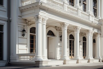 Obraz premium A stunning white building featuring elegant columns and numerous windows, standing tall and inviting in its grandeur, Neoclassical architectural elements in a modern building, AI Generated