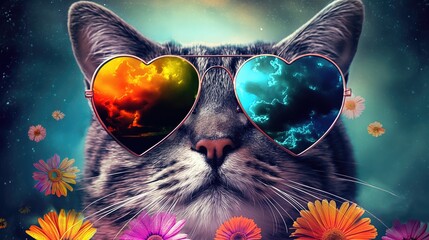 Whimsical Tabby Cat in Heart-Shaped Shades amidst a Colorful Daisy Meadow: Playful Persian, Siamese, Maine Coon, and More!