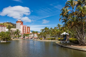 Águas de Lindóia, São Paulo, Brasil. View of the city and Cruzeiro hill from the lake of Ademar...