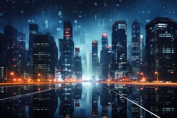 Fototapeta na wymiar A breathtaking view of a bustling city filled with bright lights shining under the night sky, Nighttime cityscape with the lights of office buildings, AI Generated