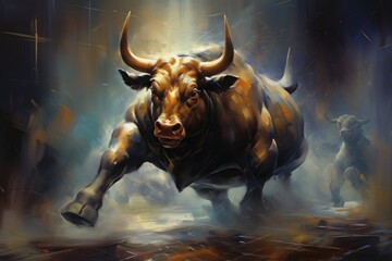 Witness the raw power and grace of a bull running through a torrential rainstorm in this stunning painting, Oil painting inspired interpretation of a bullish stock market, AI Generated