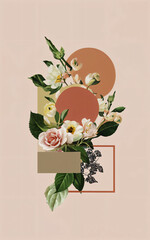 Retro collage with abstract shapes and plants