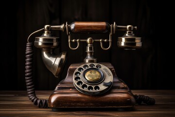 An old fashioned phone rests on top of a rustic wooden table, invoking nostalgia of simpler times, Old-fashioned rotary phone on a rustic wooden table, AI Generated
