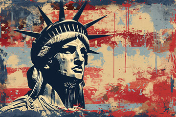 Stylized graphic of the Statue of Liberty with grunge American flag