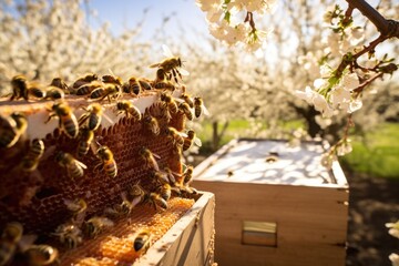 This image showcases a busy group of bees in a beehive, hard at work building and maintaining their nest, Organic bees swarming their hive in a blossoming orchard, AI Generated