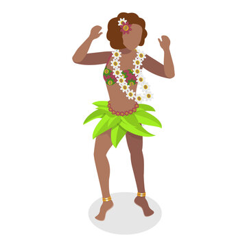 3D Isometric Flat Vector Set of Hawaiian Dancers, Characters in Polynesian Costume. Item 6