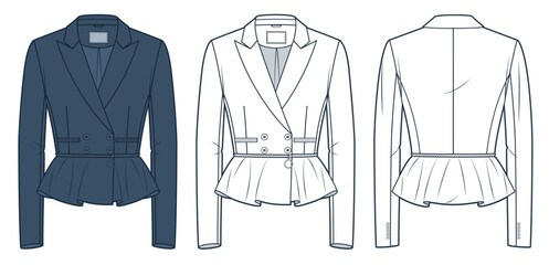 Fitted Classic Blazer technical fashion illustration. Cropped Jacket with zipped peplum fashion flat technical drawing template, double breasted, front, back view, white, blue, women CAD mockup set.
