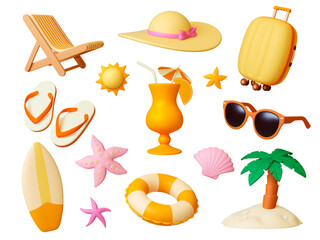 Summer travel 3d icons. Render beach elements, realistic palm tree, cocktail, sunglasses, chaise lounge. Touristic suitcase, pithy vector clipart