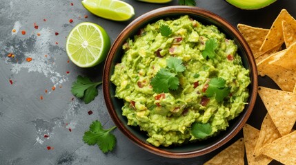 A delectable bowl of guacamole accompanied by crunchy nachos chips and fresh lime slices, artistically presented in a flat lay on a grey table