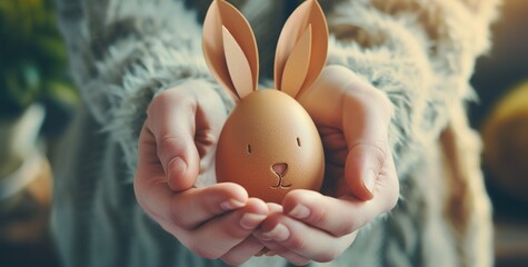 Celebrating Easter: hands holding adorable painted eggs with bunny ears and delicate painted faces, symbolizing spring and renewal