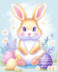 Colorful illustration of an Easter bunny with colorful eggs, pastel watercolor colors