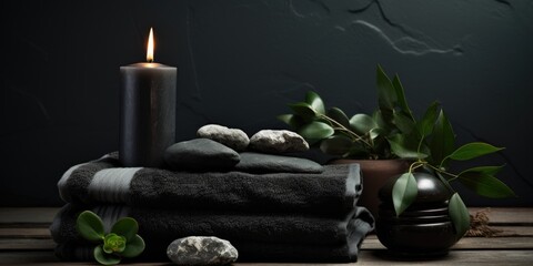 Obraz na płótnie Canvas A serene scene featuring a towel resting on fern leaves, accompanied by flickering candles and black hot stones, evoking tranquility and relaxation.