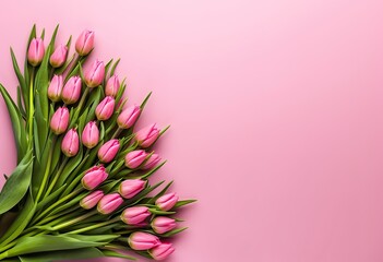 An elegant bouquet of fresh pink tulips beautifully arranged on a soft pink background, perfect for spring and romantic occasions.
