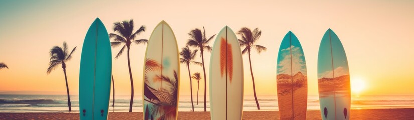 Surfboards on the beach at sunset. Panoramic banner. Surfboards on the beach. Vacation Concept with Copy Space. - obrazy, fototapety, plakaty