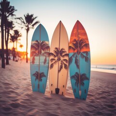 Surfboards palm patterns on the beach with palm trees and sunset sky background. Surfboards on the...