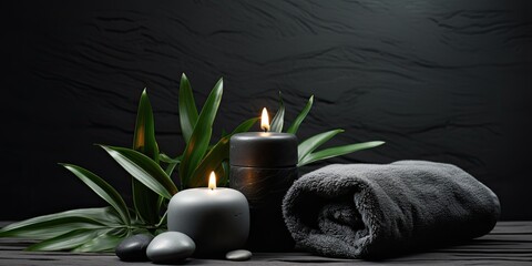 Tranquil ambiance surrounds a setup of a towel laid atop ferns, adorned with flickering candles and black hot stones, offering a soothing atmosphere.