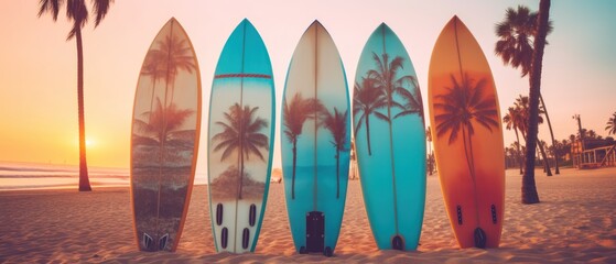 Surfboards palm patterns on the beach with palm trees and sunset sky background. Surfboards on the beach. Vacation Concept with Copy Space. - obrazy, fototapety, plakaty