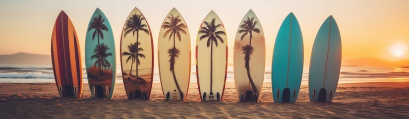 Surfboards palm patterns on the beach with palm trees and sunset sky background. Surfboards on the beach. Vacation Concept with Copy Space. - obrazy, fototapety, plakaty