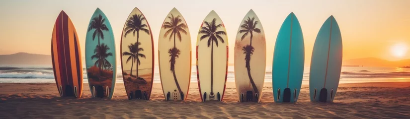 Gordijnen Surfboards palm patterns on the beach with palm trees and sunset sky background. Surfboards on the beach. Vacation Concept with Copy Space. © John Martin
