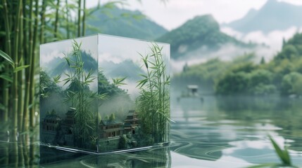 A Front View of Denser Bamboo Forests Crafted from Resin, Encased in a Square Glass Container, Emulating a Chinese Landscape Painting