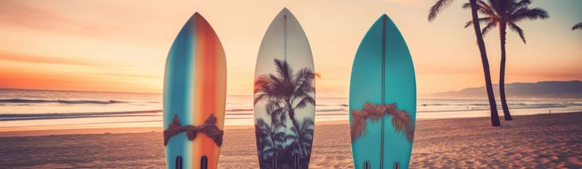 Fotobehang Surfboards palm patterns on the beach with palm trees and sunset sky background. Surfboards on the beach. Vacation Concept with Copy Space. © John Martin