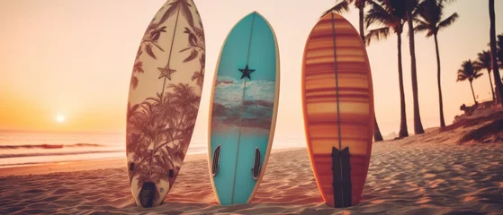 Ingelijste posters Surfboards palm patterns on the beach with palm trees and sunset sky background. Surfboards on the beach. Vacation Concept with Copy Space. © John Martin