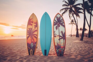 Fototapeta na wymiar Surfboards palm patterns on the beach with palm trees and sunset sky background. Surfboards on the beach. Vacation Concept with Copy Space.