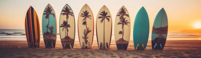 Zelfklevend Fotobehang Surfboards palm patterns on the beach with palm trees and sunset sky background. Surfboards on the beach. Vacation Concept with Copy Space. © John Martin