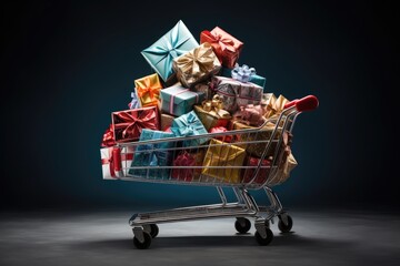 A shopping cart overflowing with numerous presents, all beautifully wrapped and ready for gifting, Overflowing cart with presents wrapped in glossy sheets, AI Generated
