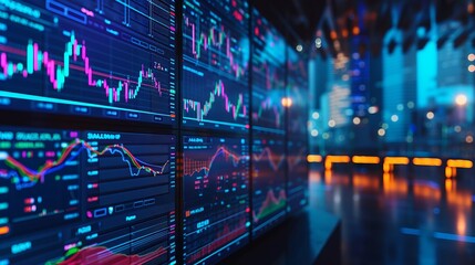 Advanced financial trading screens displaying dynamic market analytics and data - obrazy, fototapety, plakaty