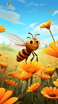 Cartoon Bee, bee with a smiile, cool cartoon bee, funny bee illustrated