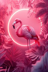 Neon Pink Tones Encircle an Empty Center, Featuring Pink Flamingo and Leaves for a Vibrant Composition