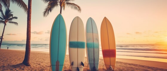Surfboards on a sandy beach with palm trees in the background. Surfboards on the beach. Vacation Concept with Copy Space. - obrazy, fototapety, plakaty
