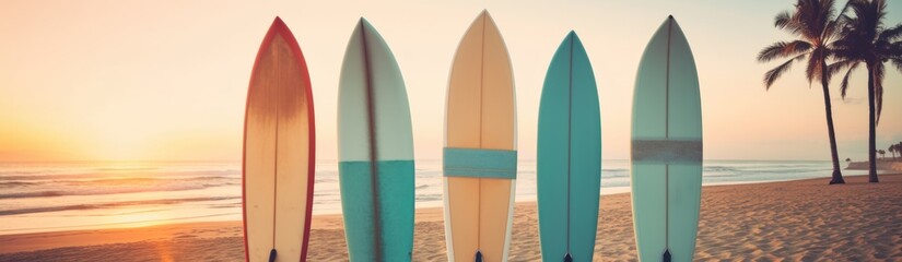 Surfboards on the beach at sunset. Concept of summer sport.